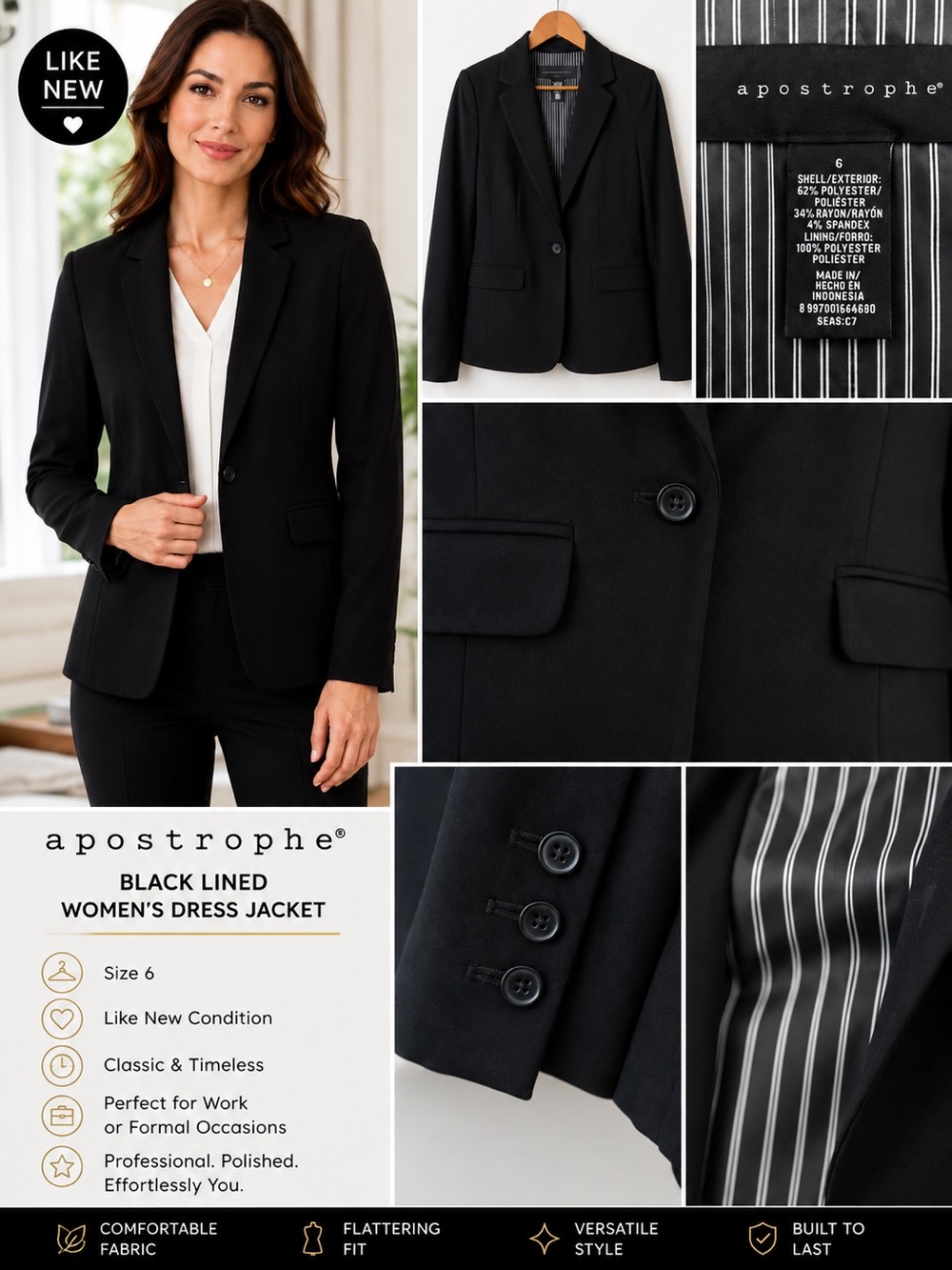 Black Lined Women’s Dress Jacket (Size 6)